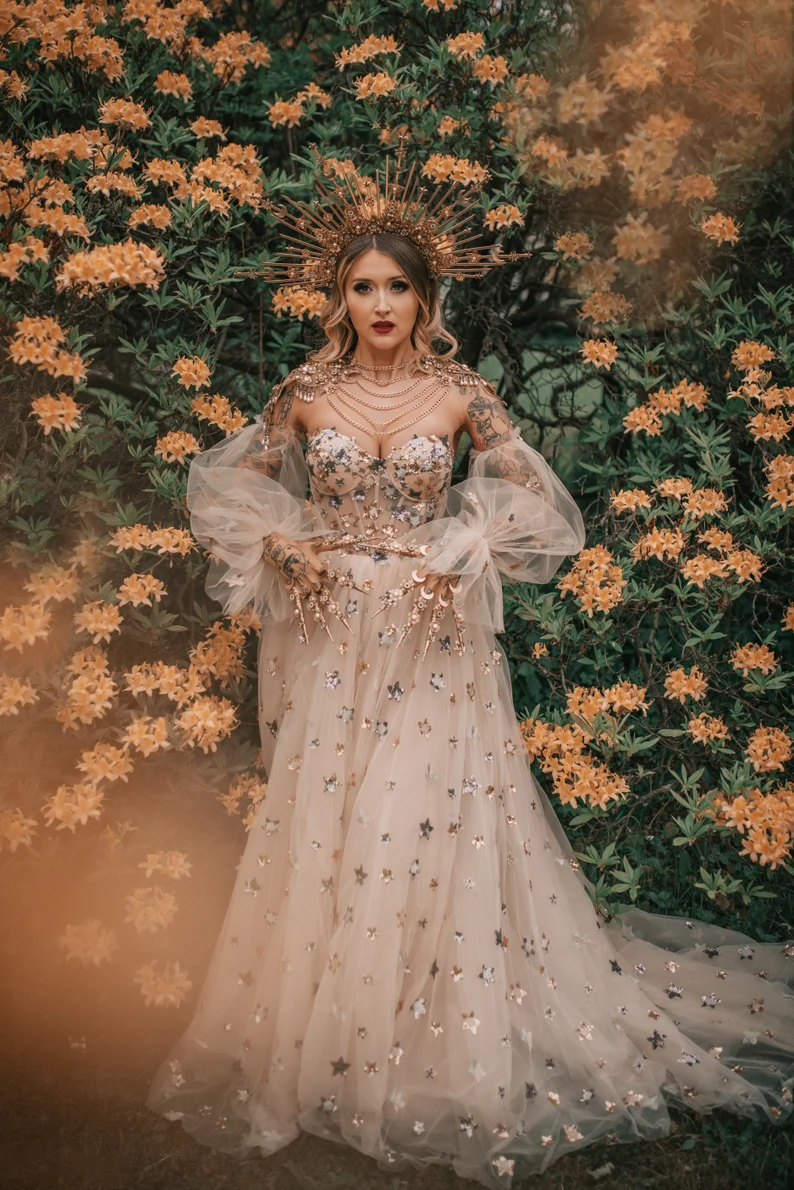 Elegant A Line Sweetheart Bubble Sleeves Tulle Prom Dress With Stars, Formal Dress