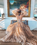 Elegant A Line Sweetheart Bubble Sleeves Tulle Prom Dress With Stars, Formal Dress