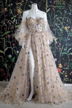 Elegant A Line Sweetheart Bubble Sleeves Tulle Prom Dress With Stars, Formal Dress
