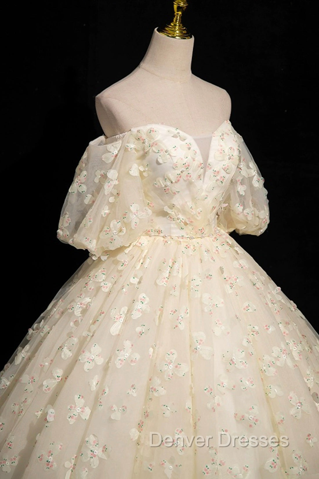Elegant A-Line Tulle Floor Length Prom Dress, Champagne Off The Shoulder Evening Party Dress Secondary image