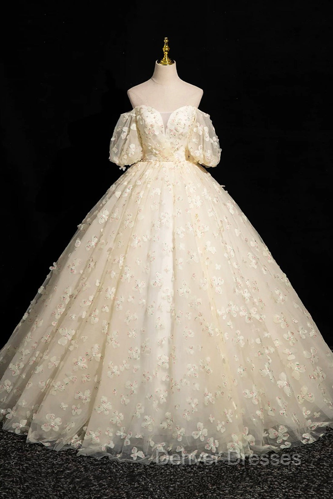 Elegant A-Line Tulle Floor Length Prom Dress, Champagne Off The Shoulder Evening Party Dress
