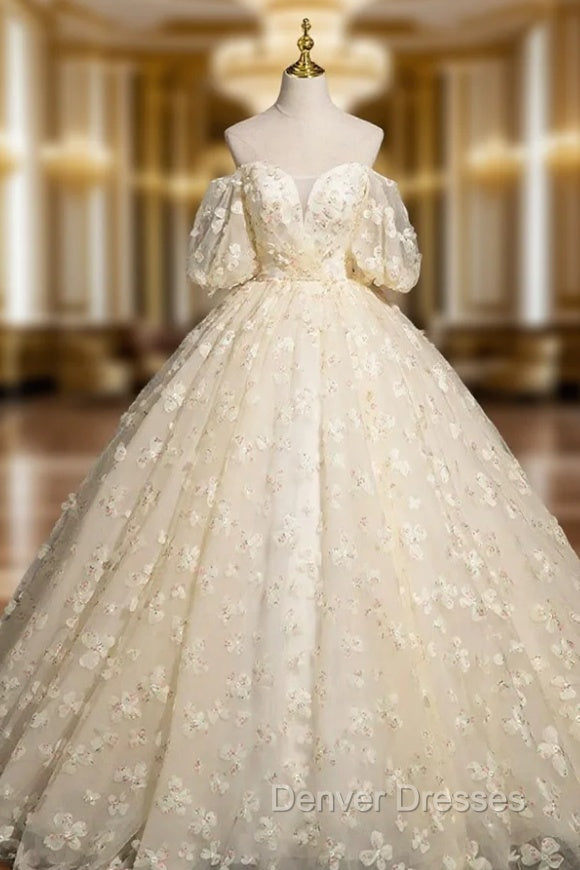 Elegant A-Line Tulle Floor Length Prom Dress, Champagne Off The Shoulder Evening Party Dress Main image