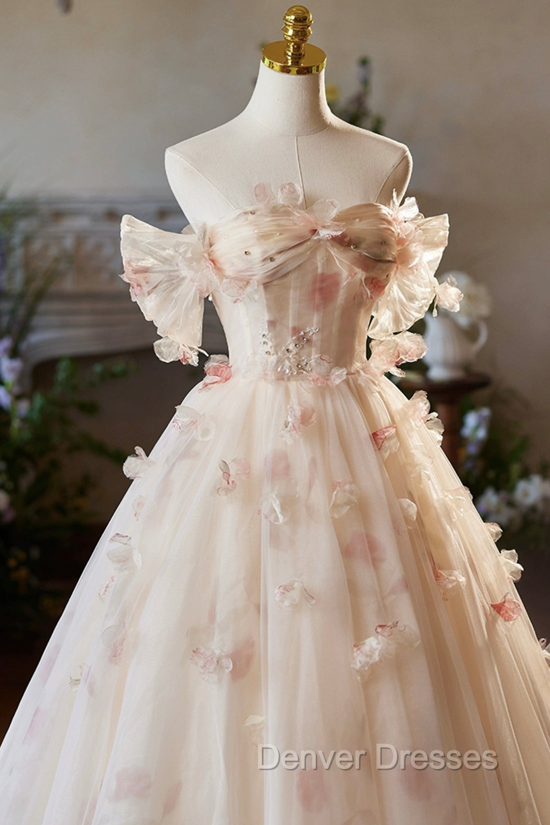 Elegant A-Line Tulle Floor Length Prom Dress, Champagne Off The Shoulder Party Dress Secondary image