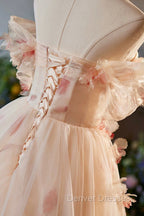 Elegant A-Line Tulle Floor Length Prom Dress, Champagne Off The Shoulder Party Dress