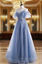Elegant  A line Tulle Sequin Blue Long Prom Dress, Tulle Blue Formal Evening Dress