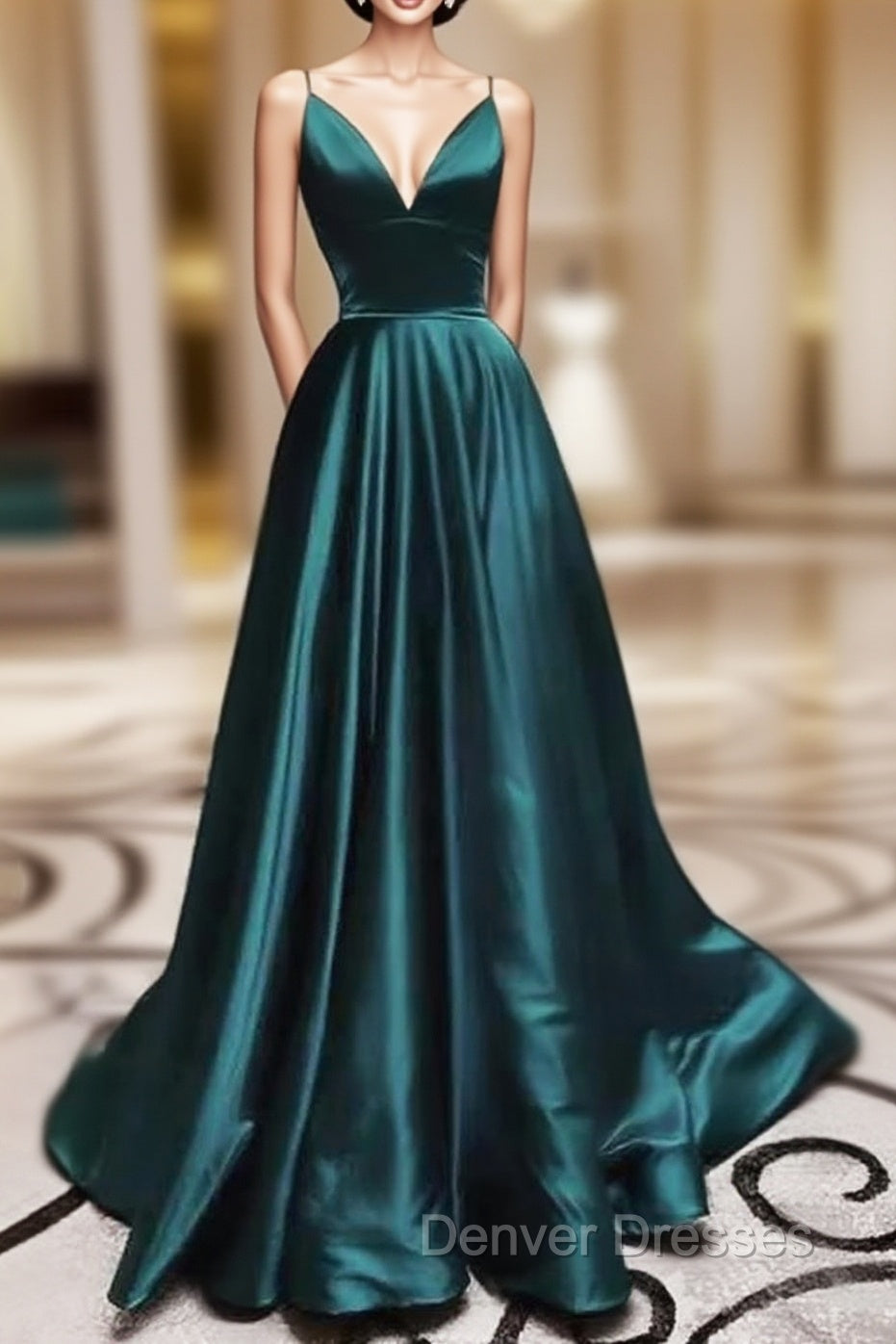 Elegant A-line V Neck Long Prom Dress with Pleated Charmeuse Skirt Main image