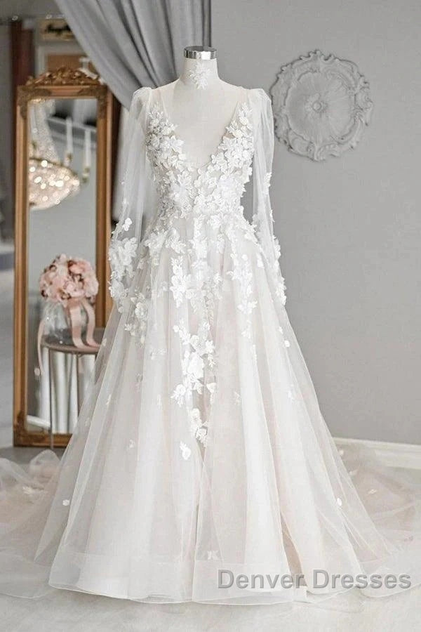 Elegant A-Line V-Neck Long Sleeved Ivory Sheer And Floor Length Wedding Dress