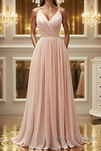 Elegant A Line V Neck Pink Long Prom Dress, Pink Formal Graduation Evening Dress