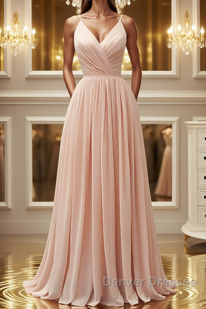 Elegant A Line V Neck Pink Long Prom Dress, Pink Formal Graduation Evening Dress