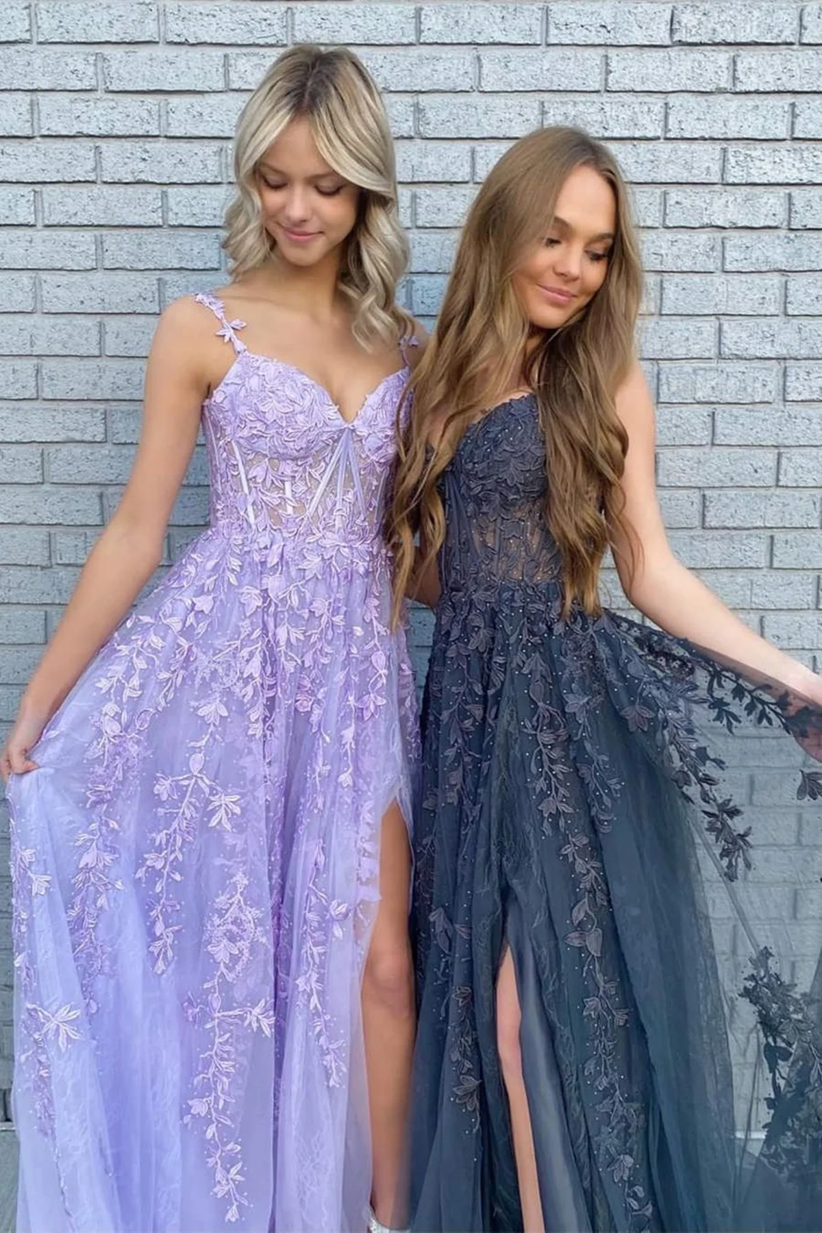 Elegant A Line V Neck Purple/Black Tulle Lace Long Prom Dress, Purple/Black Lace Formal Graduation Evening Dress Main image