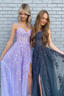 Elegant A Line V Neck Purple/Black Tulle Lace Long Prom Dress, Purple/Black Lace Formal Graduation Evening Dress