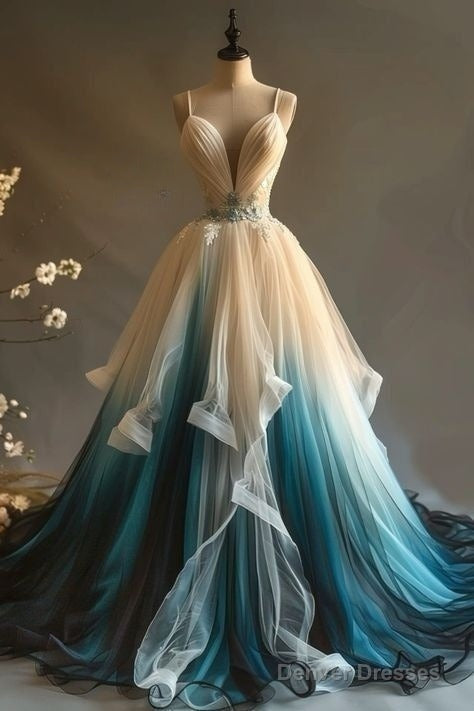 Elegant A-Line V-Neck Tulle Applique Long Prom Dress, Spaghetti Strap Vintage Evening Dress Main image