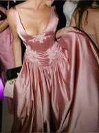 Elegant A Line V Neckline Bridesmaid Dress Floor-Length Satin Long Pink Evening Dress Prom Dress
