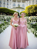 Elegant A Line V Neckline Bridesmaid Dress Floor-Length Satin Long Pink Evening Dress Prom Dress