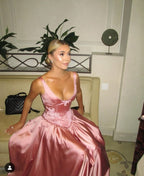 Elegant A Line V Neckline Floor-Length Satin Long Pink Evening Dress Prom Dress
