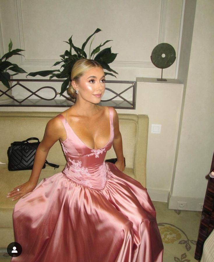 Elegant A Line V Neckline Floor-Length Satin Long Pink Evening Dress Prom Dress