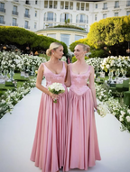 Elegant A Line V Neckline Floor-Length Satin Long Pink Evening Dress Prom Dress