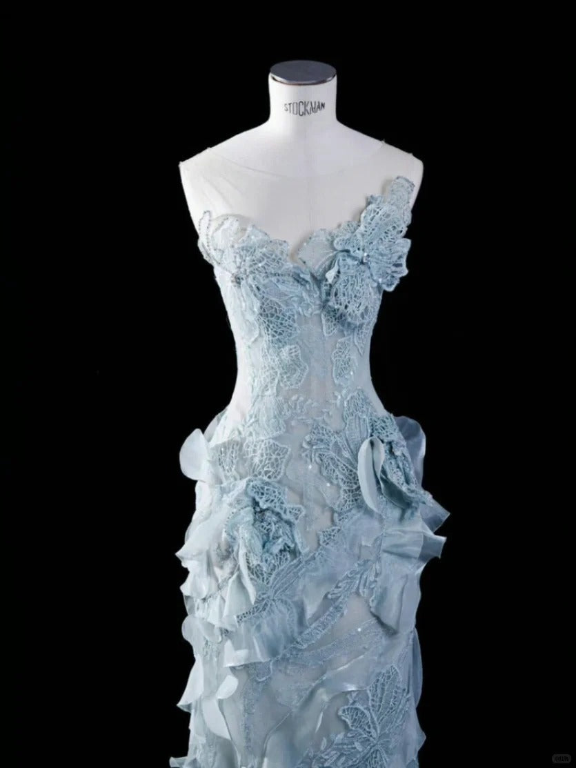 Elegant and dreamy light blue tube top lace flower mermaid wedding dress Secondary image