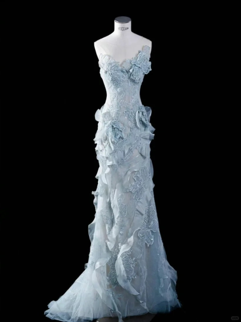 Elegant and dreamy light blue tube top lace flower mermaid wedding dress Main image