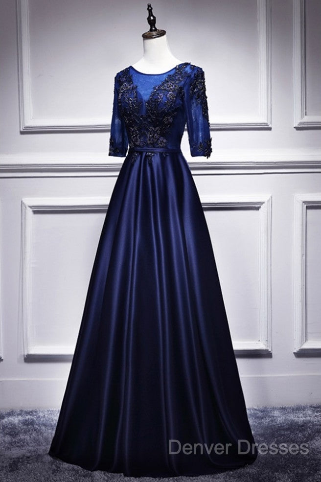 Elegant And Noble Blue Short Sleeved Lace Decal Ball Dress With Blue V-Neck Satin And Beaded Back Zipper And Floor Length Evening Dress Secondary image