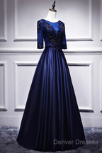 Elegant And Noble Blue Short Sleeved Lace Decal Ball Dress With Blue V-Neck Satin And Beaded Back Zipper And Floor Length Evening Dress