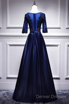 Elegant And Noble Blue Short Sleeved Lace Decal Ball Dress With Blue V-Neck Satin And Beaded Back Zipper And Floor Length Evening Dress