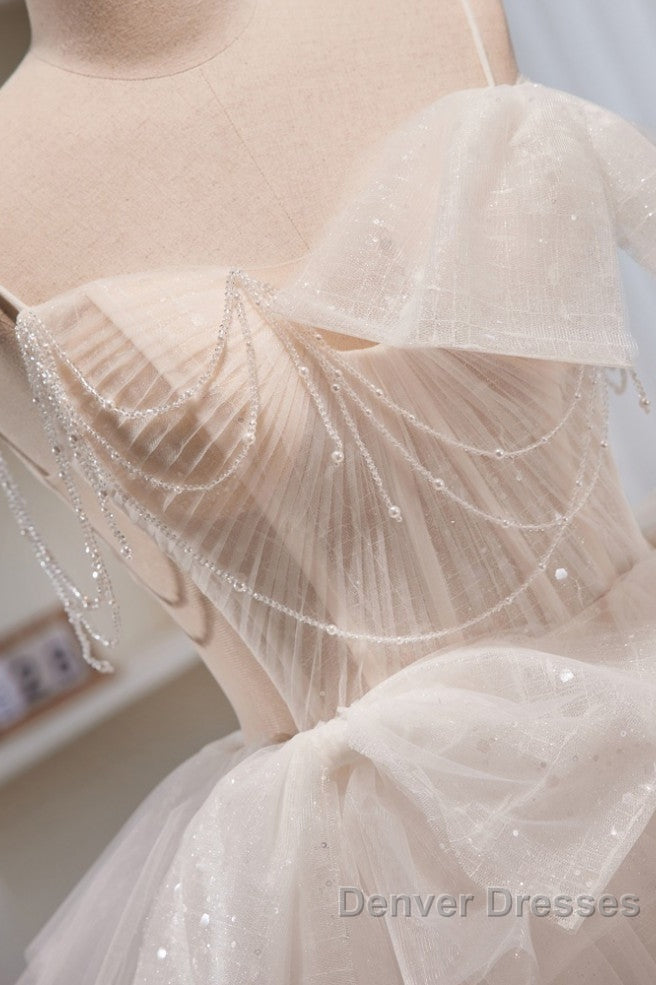 Elegant And Noble Ivory Sleeveless Off Shoulder Beaded Bow Evening Dress Ivory Thin Shoulder Strap Off Back Strap Prom Dress