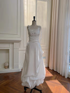 Elegant And Simple White Bud Square Neck Suspender Satin Prom Dress Evening Dress Bridesmaid Dress