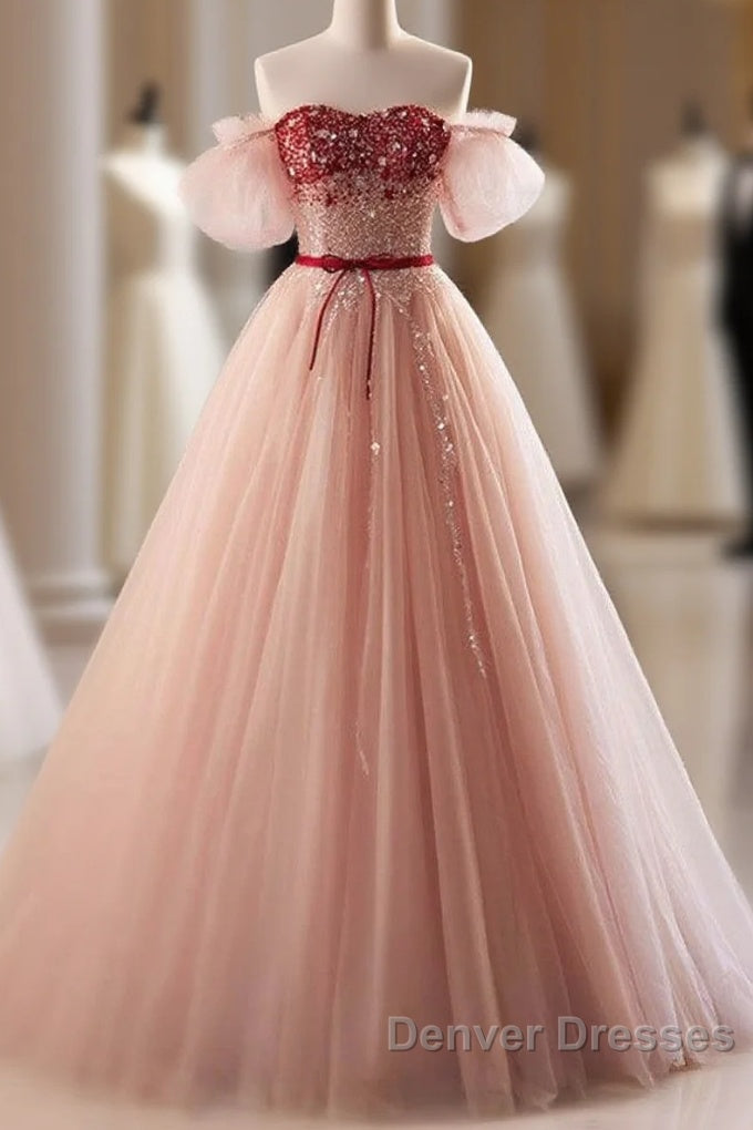Elegant And Sweet Powder Blusher Powder Beading Sequins Off Shoulder Short Sleeve Prom Dress Powder Blusher Powder A-Shaped Princess Bow Belt Tulle Backless And Floor Length Evening Dress Main image