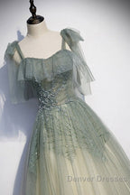 Elegant And Sweet Sage Green Sleeveless Off Shoulder Beads With Sparkling Sheer Sequins Prom Dress Sage Green A-Line Princess Shoulder Off Back Sweeping Train Ruffle Edge Evening Dress
