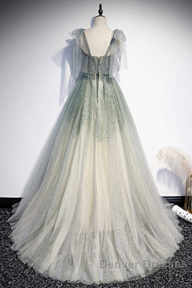 Elegant And Sweet Sage Green Sleeveless Off Shoulder Beads With Sparkling Sheer Sequins Prom Dress Sage Green A-Line Princess Shoulder Off Back Sweeping Train Ruffle Edge Evening Dress Secondary image