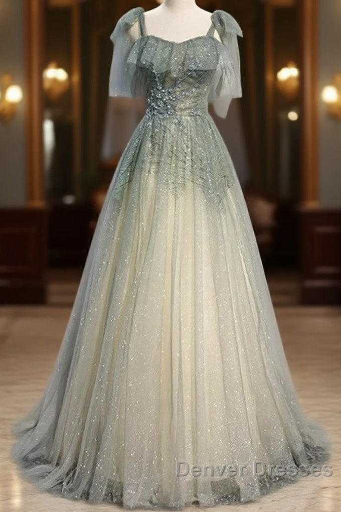 Elegant And Sweet Sage Green Sleeveless Off Shoulder Beads With Sparkling Sheer Sequins Prom Dress Sage Green A-Line Princess Shoulder Off Back Sweeping Train Ruffle Edge Evening Dress Main image