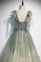 Elegant And Sweet Sage Green Sleeveless Off Shoulder Beads With Sparkling Sheer Sequins Prom Dress Sage Green A-Line Princess Shoulder Off Back Sweeping Train Ruffle Edge Evening Dress