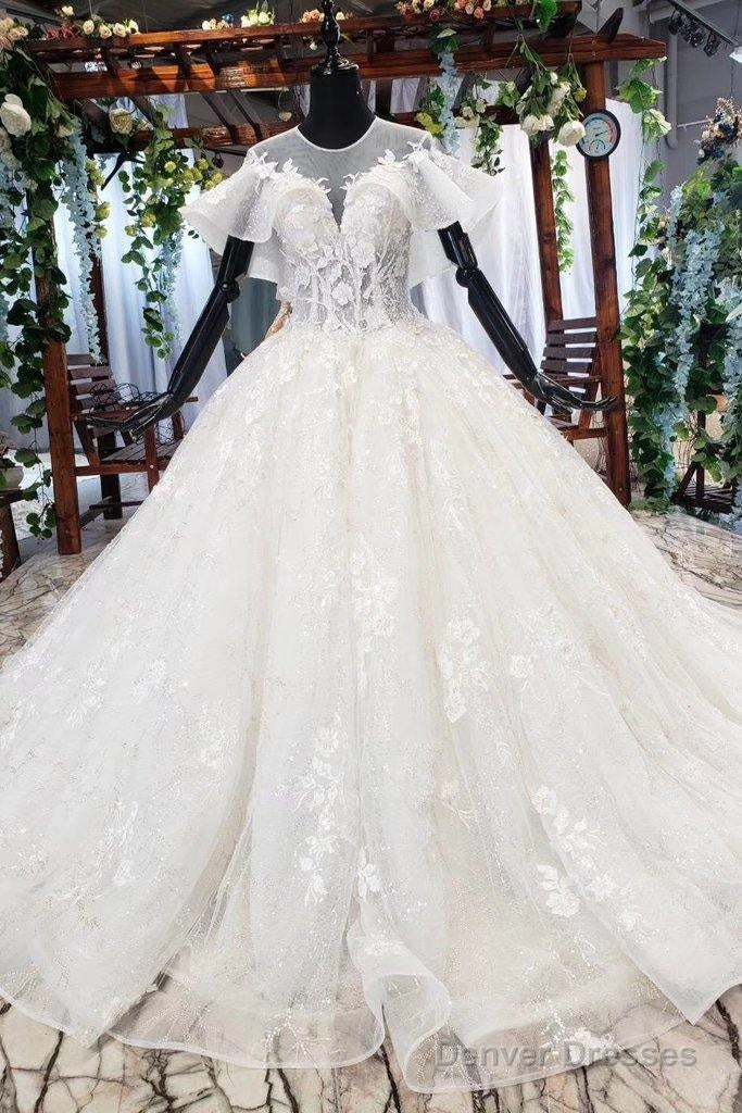 Elegant Ball Gown Big Wedding Dresses, Appliques Bridal Dress With Short Sleeves Main image