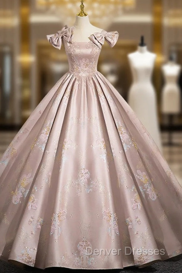 Elegant Ball Gown Pink Beaded Floral Appliques Quinceanera Dress
