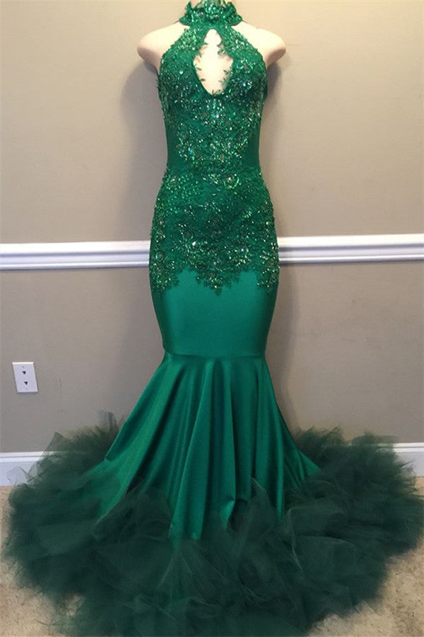 Elegant Beads Appliques Halter Prom Dresses Fit And Flare Sleeveless Tulle Evening Gowns Main image