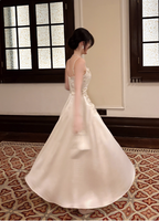 Elegant Beige Spaghetti Strap Square Neck Knot-Embellished Satin Long Prom Dress Evening Dress Bridesmaid Dress