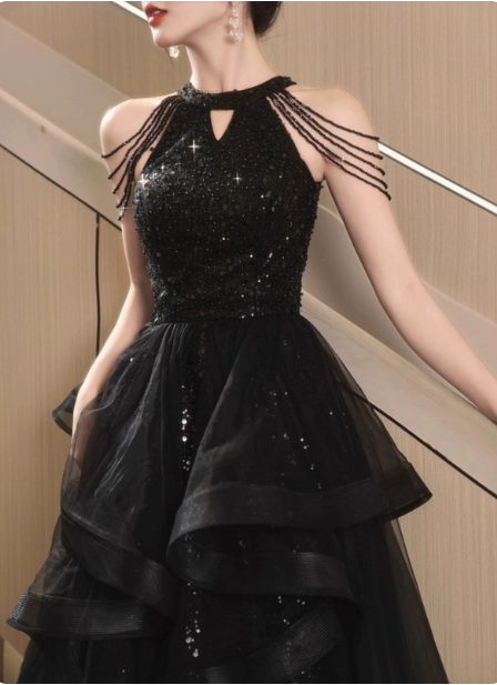 Elegant Black A-Line Halter Neck Chain Sequined Tulle Long Prom Dress Evening Dress Secondary image