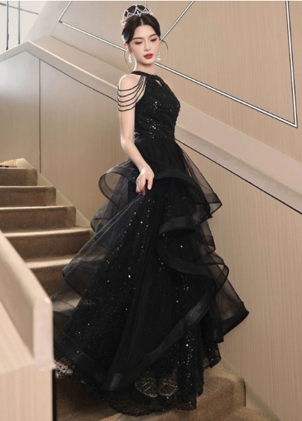 Elegant Black A-Line Halter Neck Chain Sequined Tulle Long Prom Dress Evening Dress
