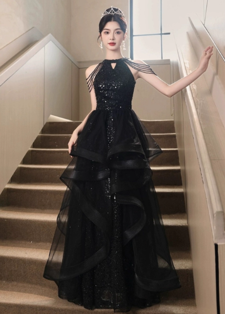 Elegant Black A-Line Halter Neck Chain Sequined Tulle Long Prom Dress Evening Dress Main image