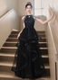 Elegant Black A-Line Halter Neck Chain Sequined Tulle Long Prom Dress Evening Dress