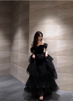 Elegant Black A-Line Off-The-Shoulder Shimmer Tiered Tulle Long Prom Dress Evening Dress