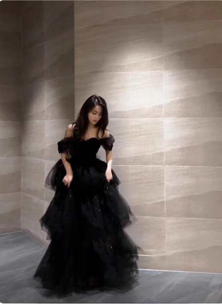 Elegant Black A-Line Off-The-Shoulder Shimmer Tiered Tulle Long Prom Dress Evening Dress