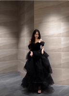 Elegant Black A-Line Off-The-Shoulder Shimmer Tiered Tulle Long Prom Dress Evening Dress