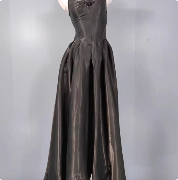 Elegant Black A-Line Spaghetti Strap Satin Long Prom Dress Evening Dress