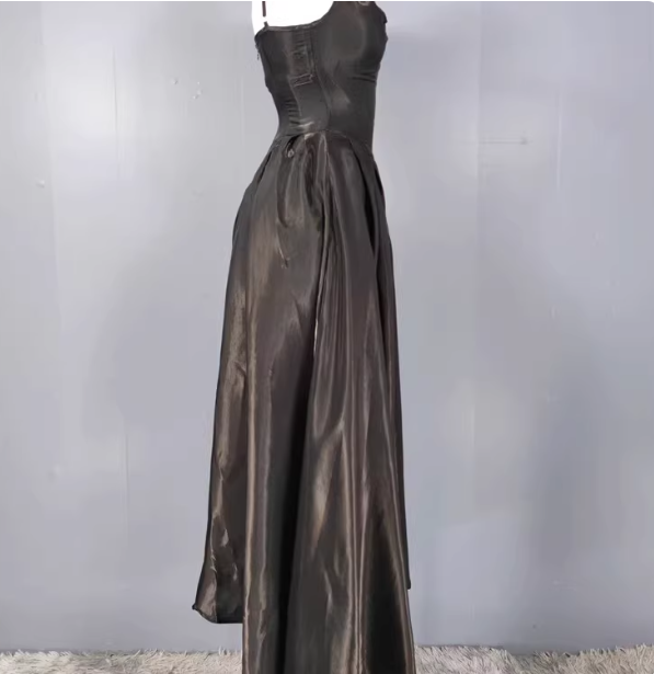 Elegant Black A-Line Spaghetti Strap Satin Long Prom Dress Evening Dress