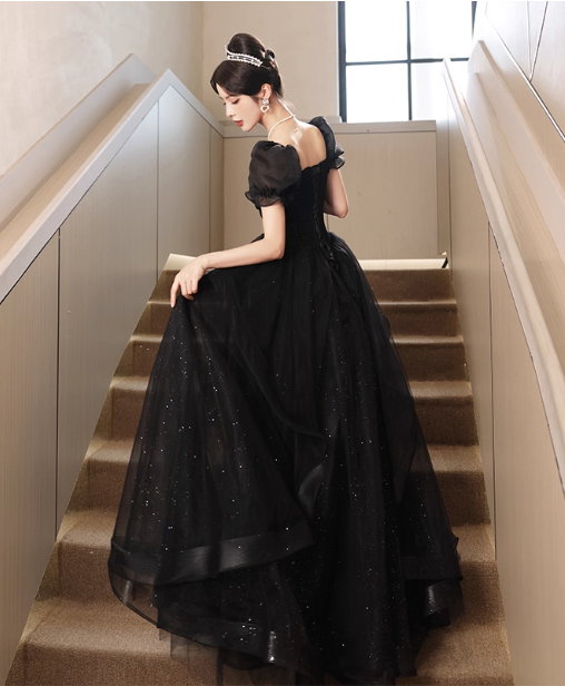 Elegant Black A-Line Square Neck Puff Sleeve Tulle Long Prom Dress Evening Dress Secondary image
