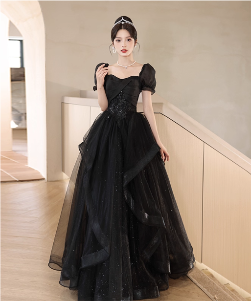 Elegant Black A-Line Square Neck Puff Sleeve Tulle Long Prom Dress Evening Dress