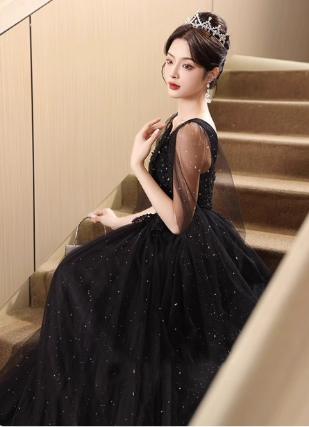 Elegant Black A-Line V-Neck Shawl Lace Tulle Long Prom Dress Evening Dress