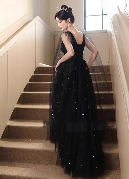 Elegant Black A-Line V-Neck Shawl Lace Tulle Long Prom Dress Evening Dress